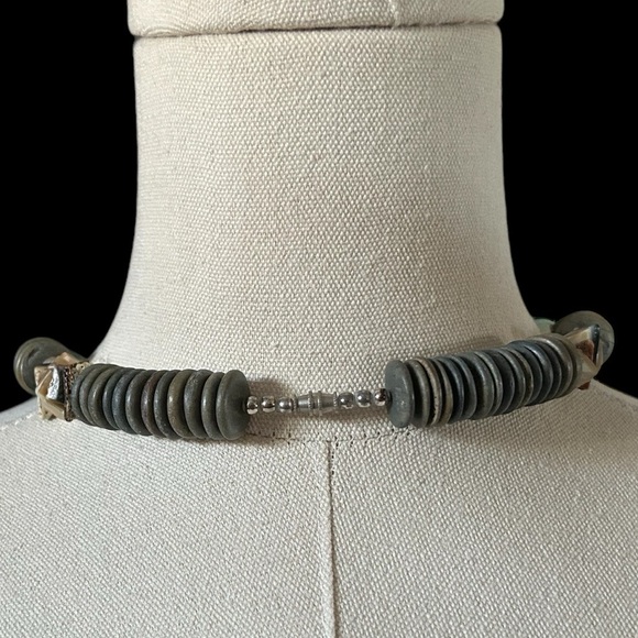 MCM Large Shell Pendant, Chalcedony, Keshi Pearl, Wood Statement Necklace. - Picture 3 of 5